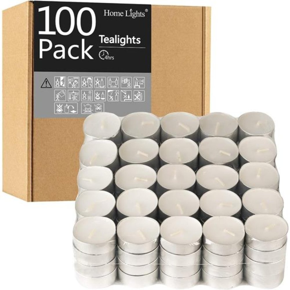 100 Pack Tealight Candles 4 Hour Burn Time White Unscented Smokeless Tea Lights